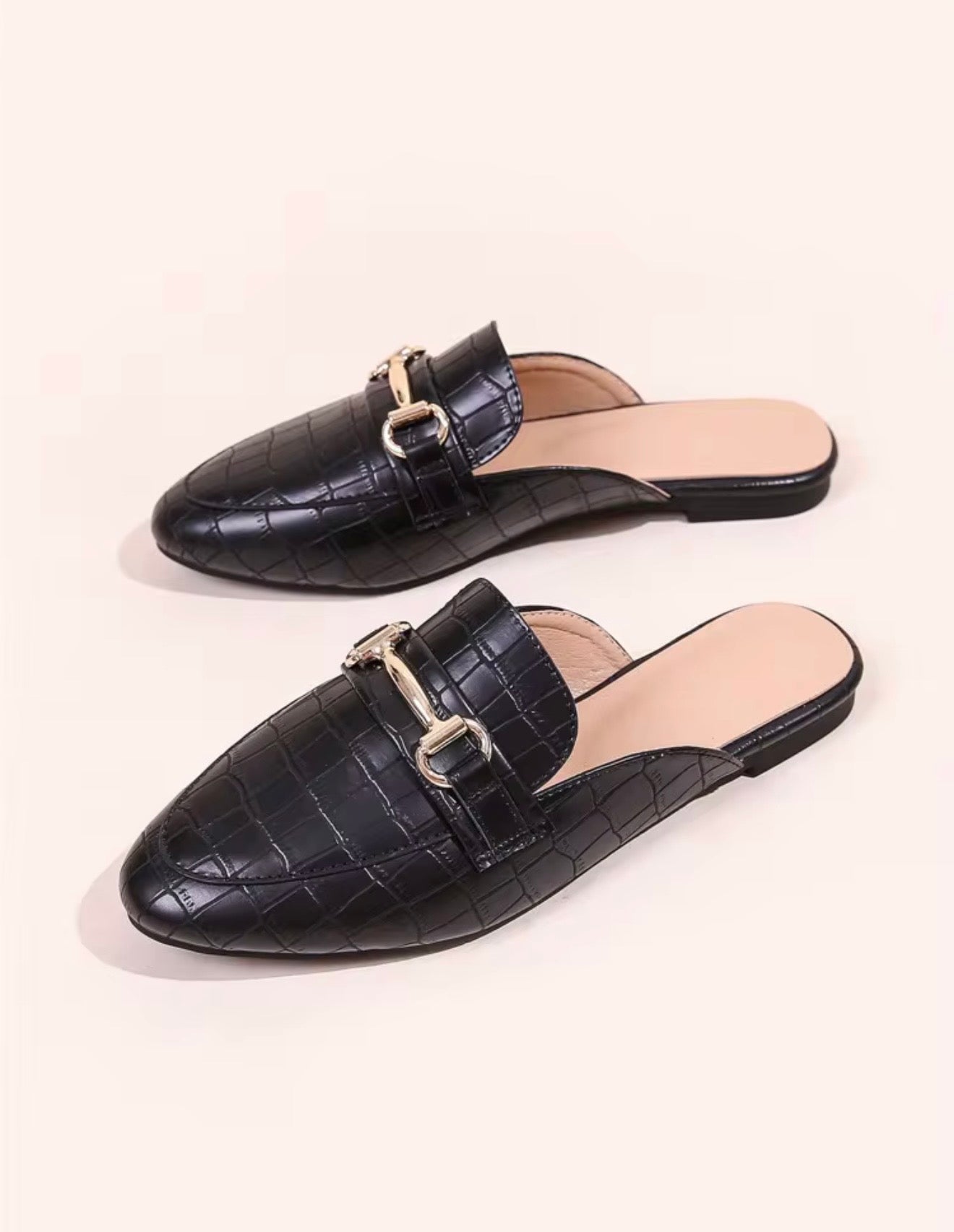 Dames Loafer Muiltjes met Gouden Horsebit | Open Hiel Instappers in Crème Tweed & Zwart Croco