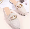 Dames Loafer Muiltjes met Gouden Horsebit | Open Hiel Instappers in Crème Tweed & Zwart Croco