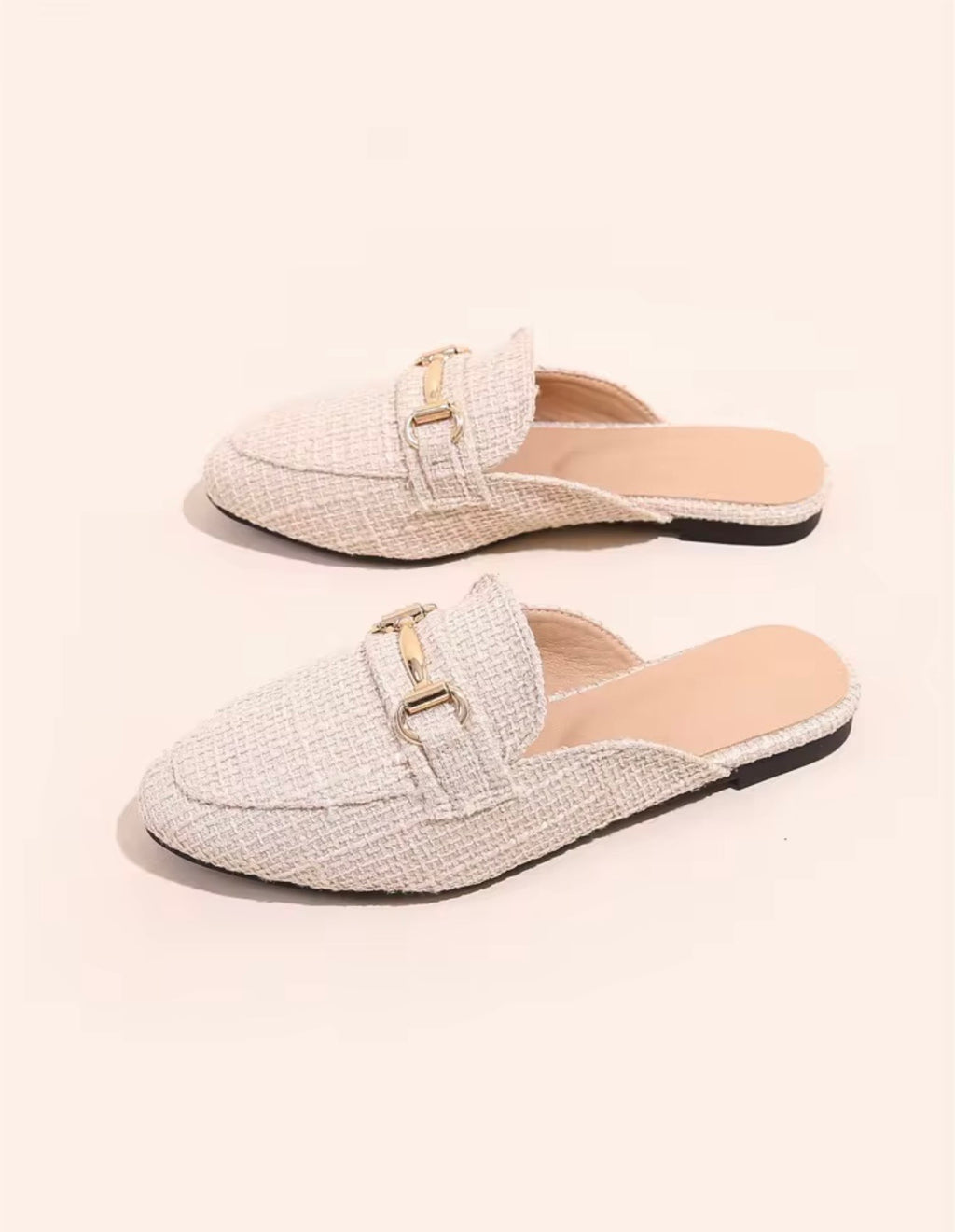 Dames Loafer Muiltjes met Gouden Horsebit | Open Hiel Instappers in Crème Tweed & Zwart Croco