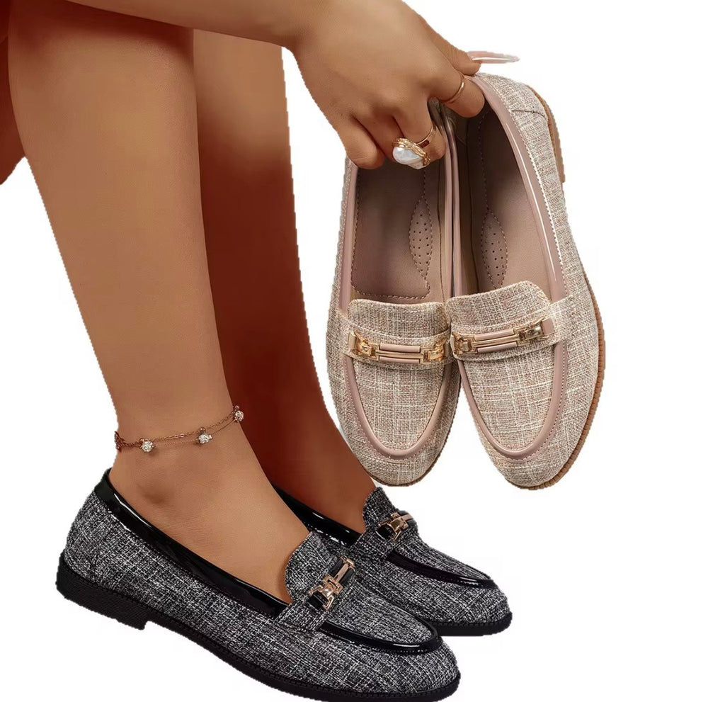 Dames Tweed Loafers met Gouden Horsebit | Stijlvolle Platte Instappers in Beige & Grijs