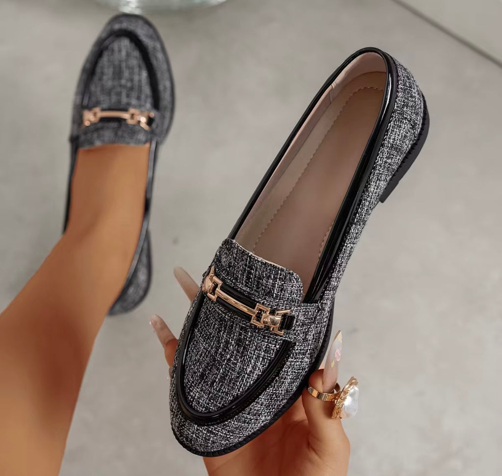 Dames Tweed Loafers met Gouden Horsebit | Stijlvolle Platte Instappers in Beige & Grijs