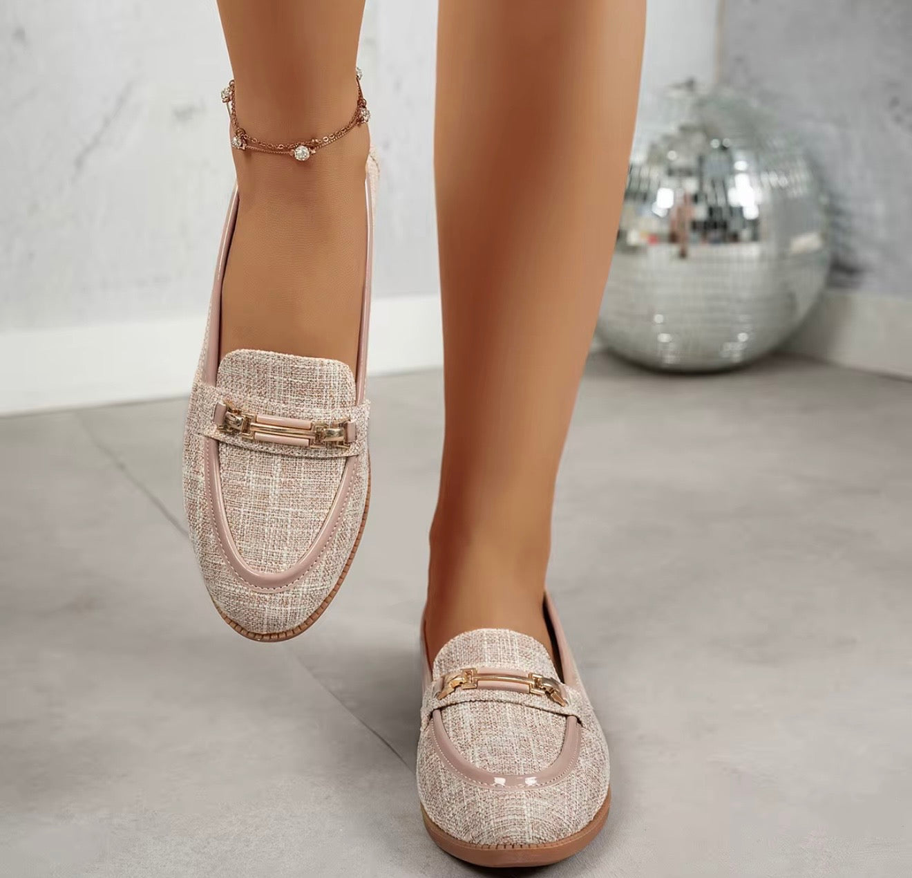 Dames Tweed Loafers met Gouden Horsebit | Stijlvolle Platte Instappers in Beige & Grijs