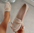 Dames Tweed Loafers met Gouden Horsebit | Stijlvolle Platte Instappers in Beige & Grijs